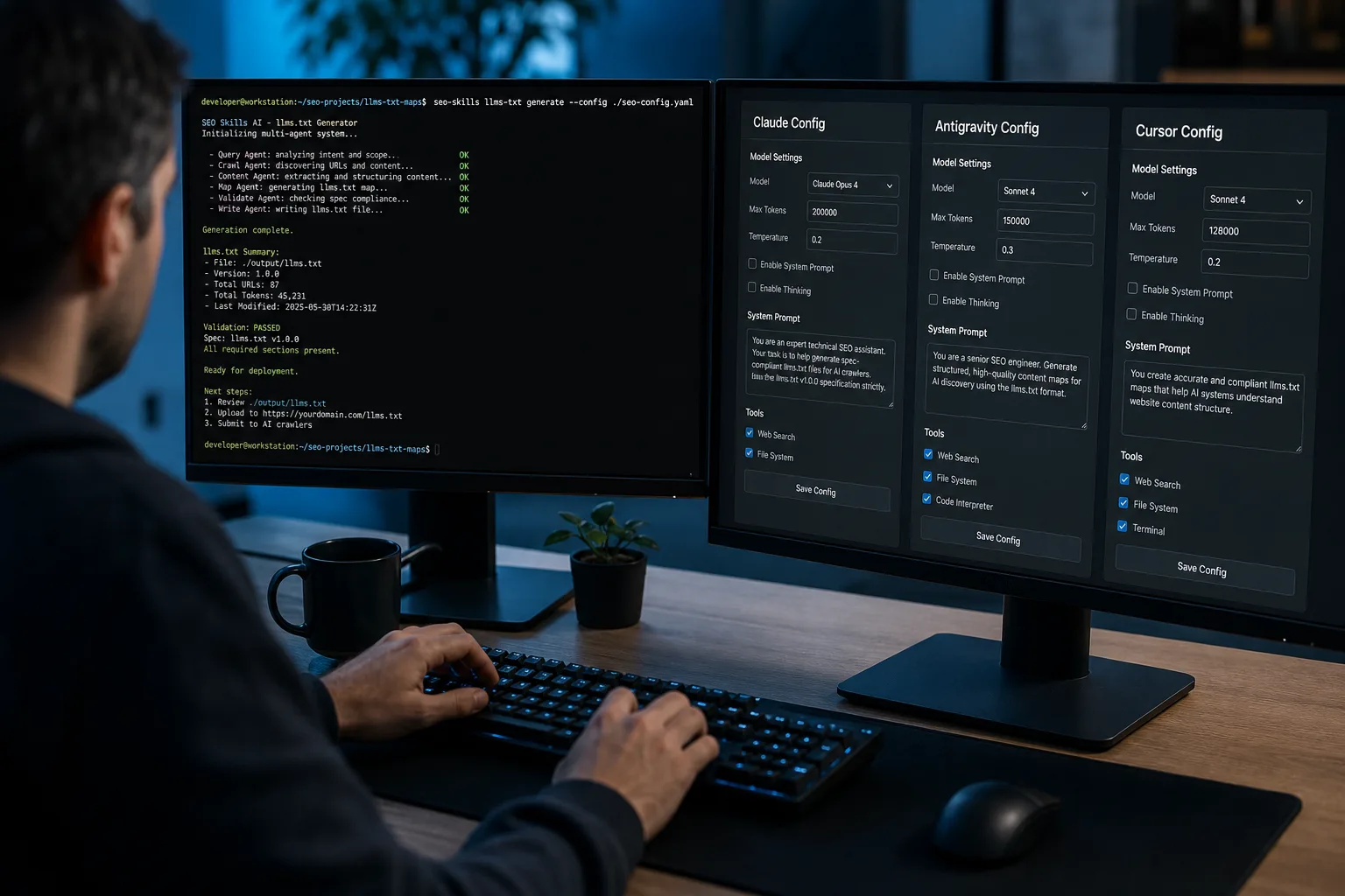Developer terminal running seo-llms-txt skill across Claude Antigravity and Cursor agents